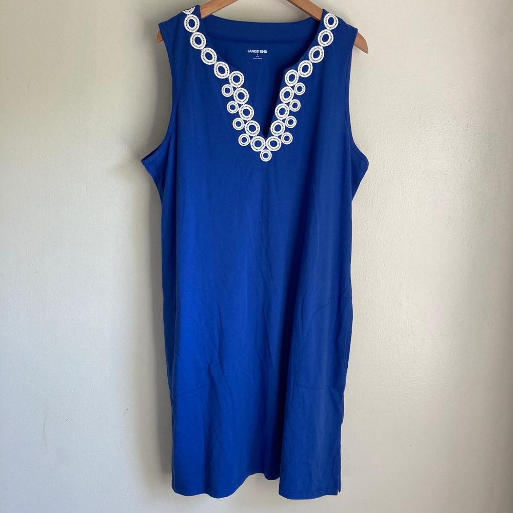 Lands End Womens Blue Sleeveless Cotton Knit Shift Dress Eyelet Trim L 14-16